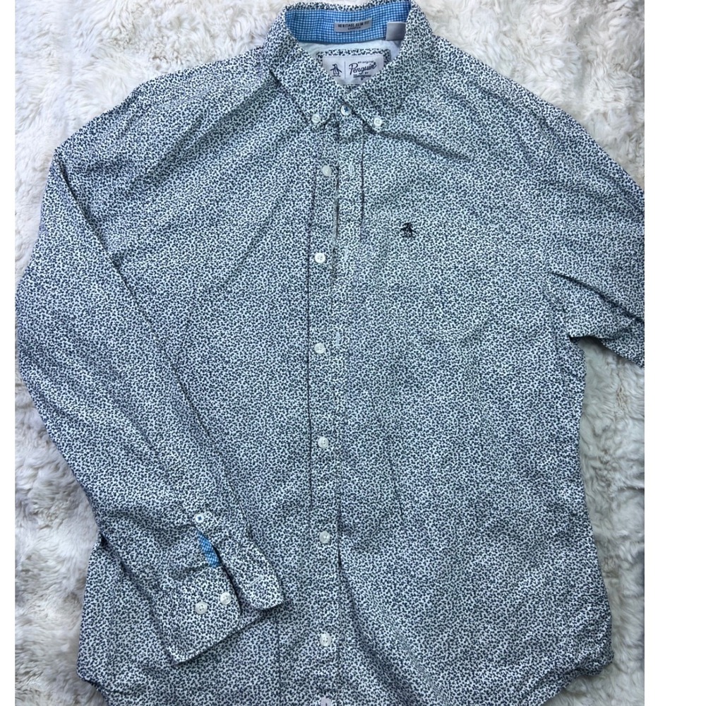 Original Penguin Heritage Slim Fit Shirt Mens Sz L Blue Floral Print Stretch A37